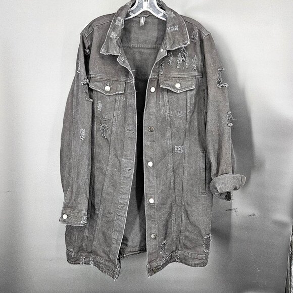 American Bazi Jackets & Blazers - Long Jean Denim Jacket Women Large Black Distress Hole Trucker Punk Rock Gothic
